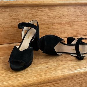 PRADA Black Suede Peep Toe Platform High Heel w/Buckle Closure Chunky Heel Sz 7
